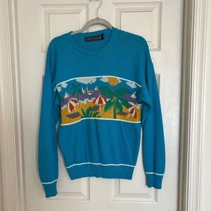 Crossings Blue Beach Themed Sweater 100% Cotton